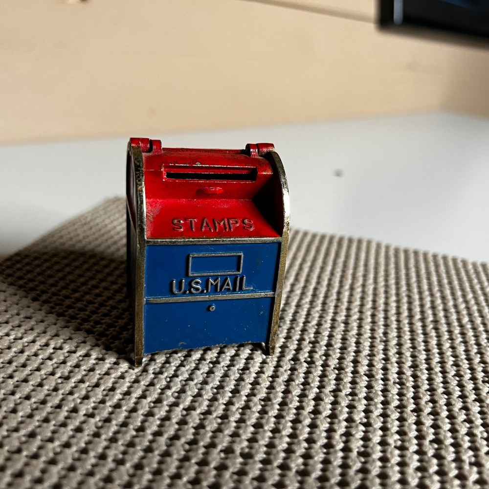 Vintage MG Japan Miniature US Mail Stamp Box Diecast Metal Red Blue Postal Decor